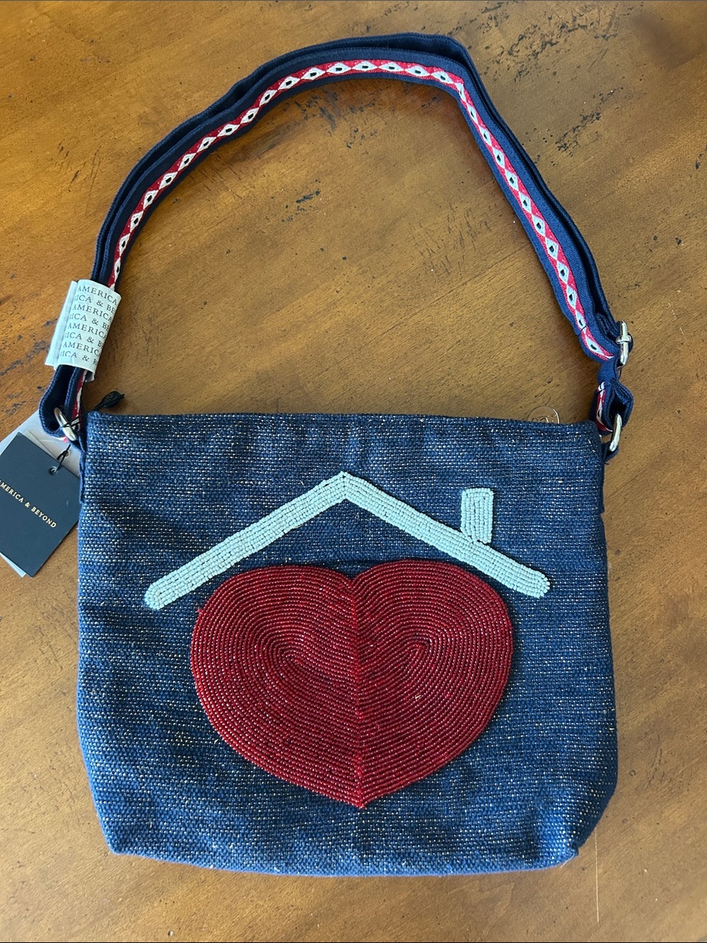 NWT America & Beyond Beaded Red Heart Faith Family Friendship Blue Bag